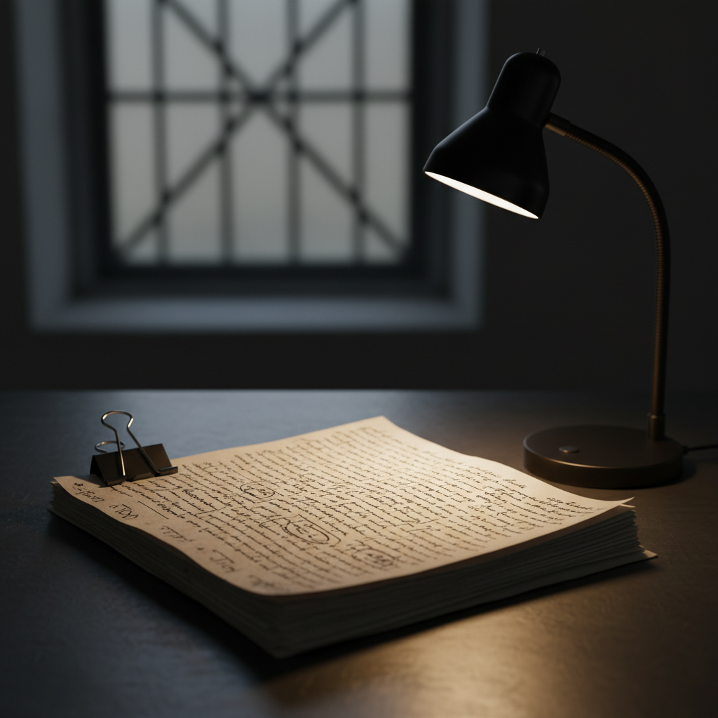 A meticulously arranged stack of handwritten pages secured by a metal binder clip sits at the center of a dark, matte metal table. The top page shows tight lines of ink, marginal notes, and circled phrases, all clearly legible but not specific words. A small, battery-powered desk lamp arcs over the pages, its warm, focused light creating a pool of illumination amid the surrounding dimness. In the blurred background, a distant barred window is hinted at only as abstract geometric lines, out of focus and secondary. Photographic realism, shot from a low, side angle with strong contrast between light and shadow. The atmosphere is sober yet hopeful, emphasizing clarity of thought, revision, and the refining of purpose through writing.