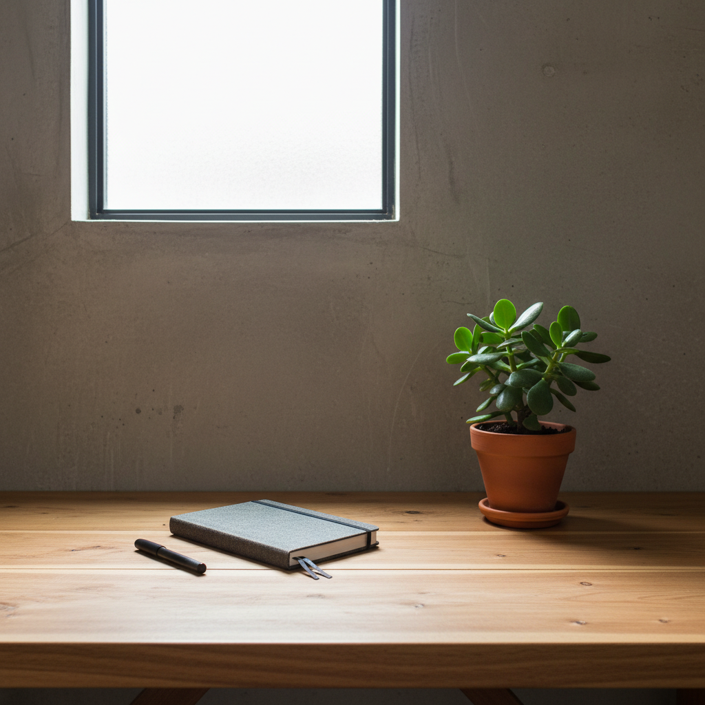 A solitary wooden desk positioned against a bare, muted concrete wall, holding only a closed, charcoal-grey notebook with a linen cover, a capped pen, and a small potted plant with glossy green leaves. Through a high, narrow window, diffused overcast light pours in, creating a bright rectangle on the wall and a soft gradient across the desktop. Photographic realism, captured from eye level using the rule of thirds, with the notebook placed slightly off-center. The mood is serene and contemplative, suggesting quiet inner space rather than confinement, with subtle textures and minimal objects emphasizing mental spaciousness, discipline, and the possibility of peace through focused writing and thought.